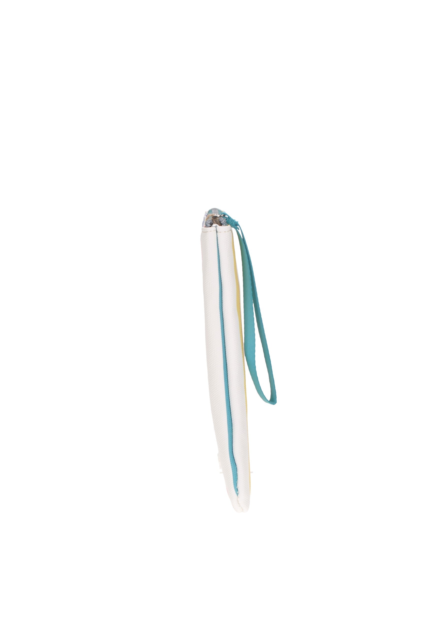 KBE31A528 Pochette KUVE', white fabric beach pouch with zipper and teal wrist strap, dimensions 32x22x2 cm.