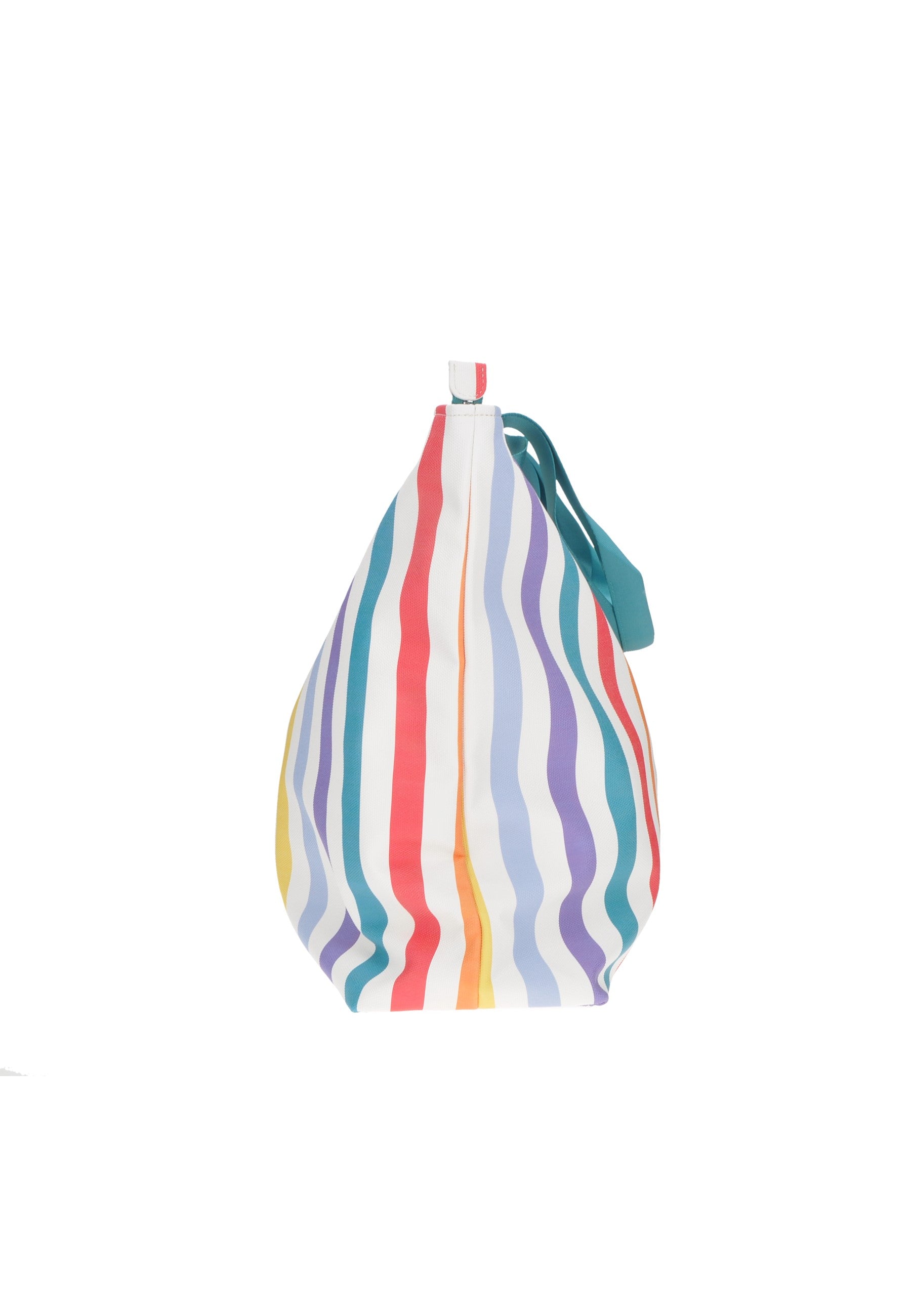 Colorful striped shopping bag with a zipper and handle, ideal for beach trips and stylish outings.