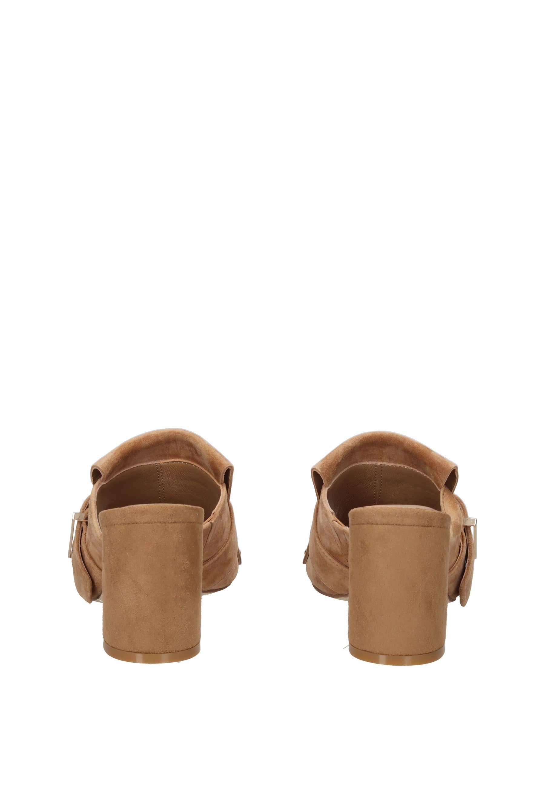 S6FREESIA01/SUE Sandalo APEPAZZA view from the back showcasing the high heel and soft suede material.