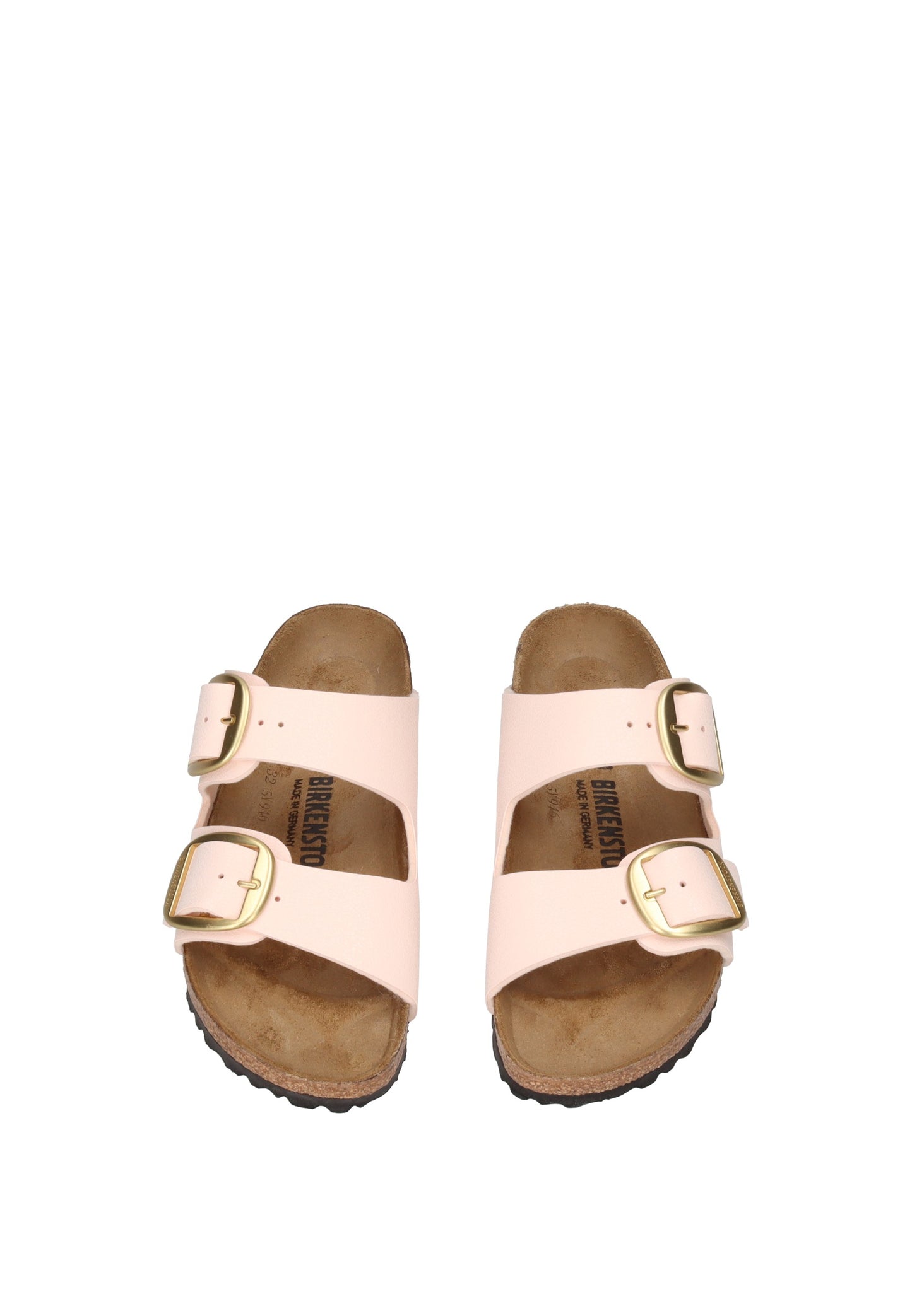 1031566 Sandalo BIRKENSTOCK in rosa con fibbie dorate e plantare anatomico in sughero.