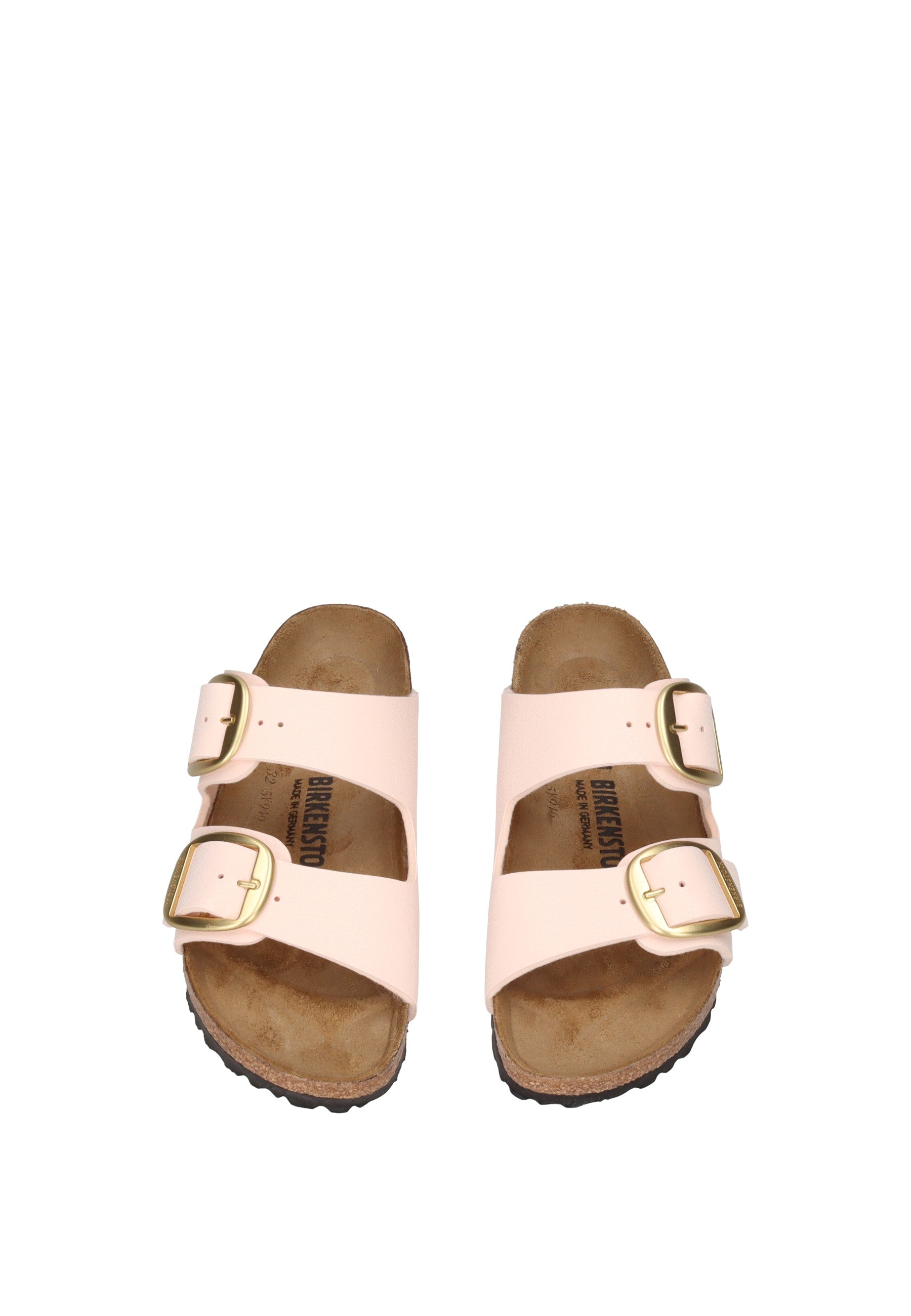 1031566 Sandalo BIRKENSTOCK in rosa con fibbie dorate e plantare anatomico in sughero.