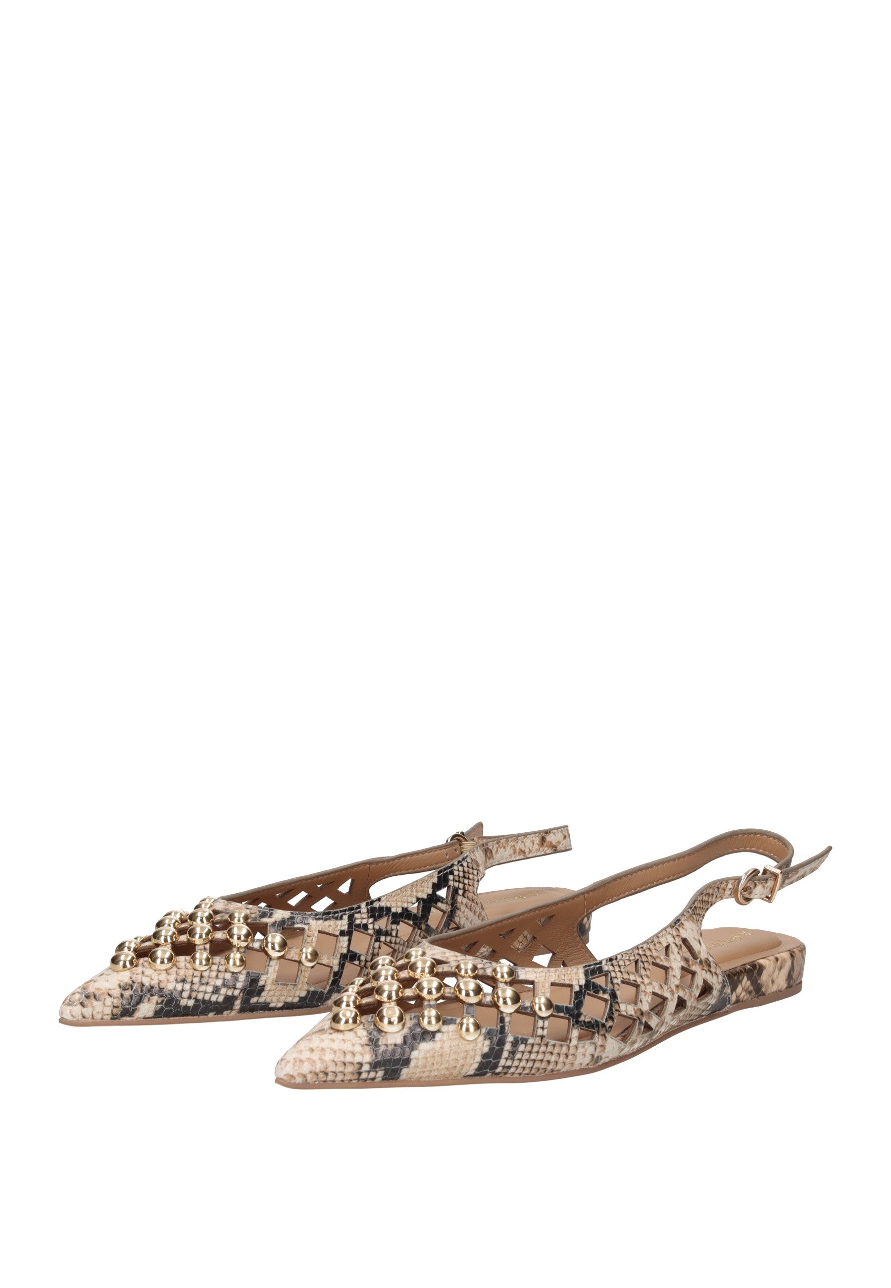 S6PETAL03/PYT Ballerina APEPAZZA in beige snakeskin with metallic details and ankle strap.