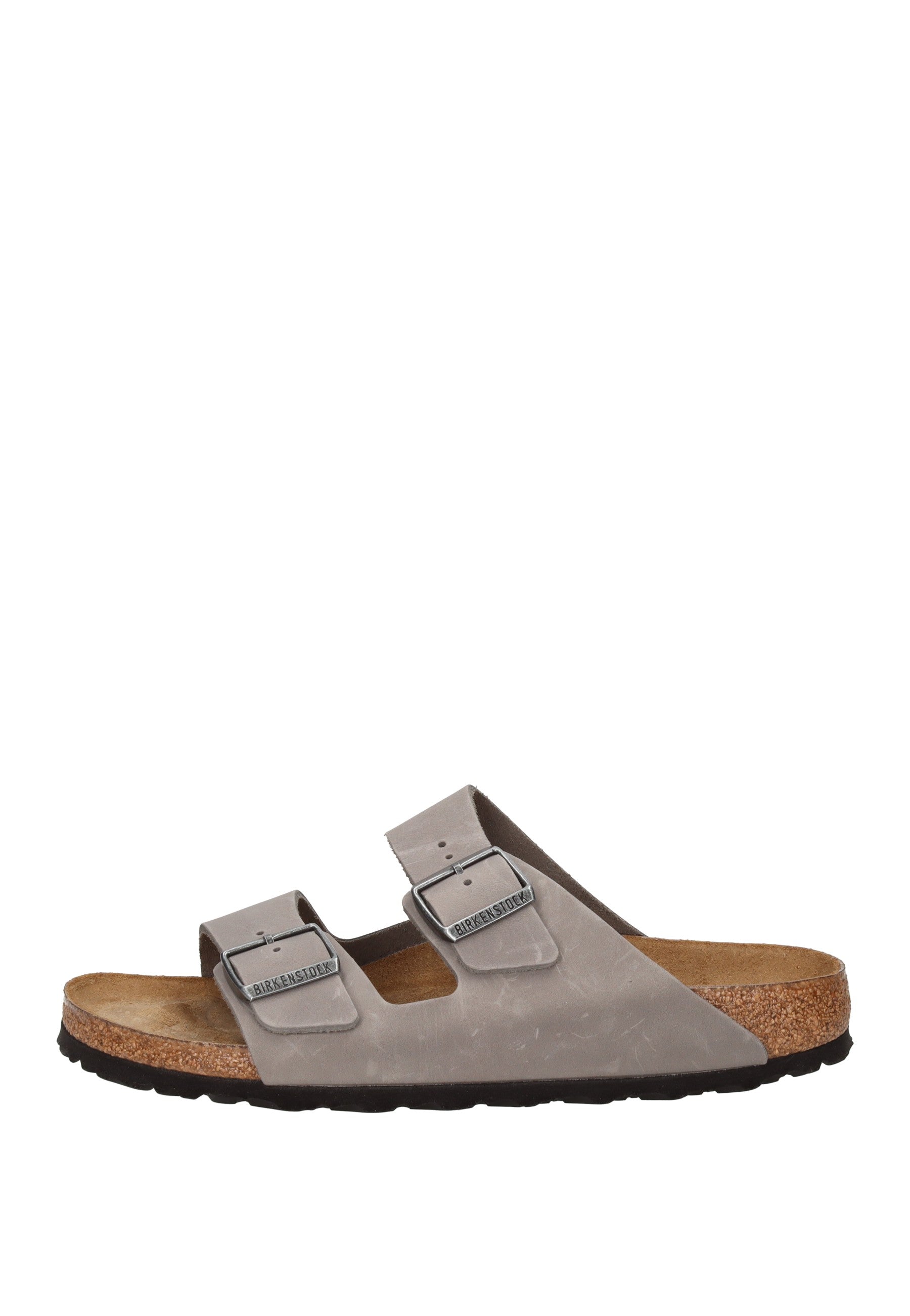 1013645 Sandalo BIRKENSTOCK grigio con plantare in sughero e lattice e due cinturini con fibbie regolabili.