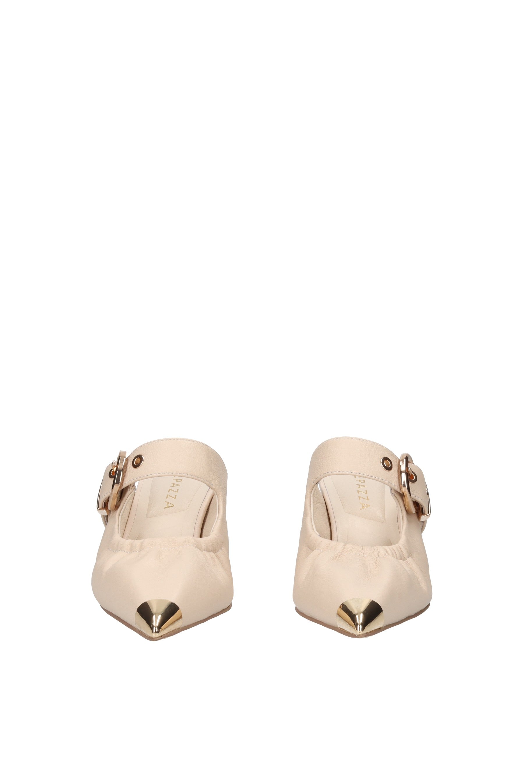 S6GLOW03/LEA Sandalo APEPAZZA, sandali in pelle con fibbia e punta dorata, comfort e stile per ogni occasione.