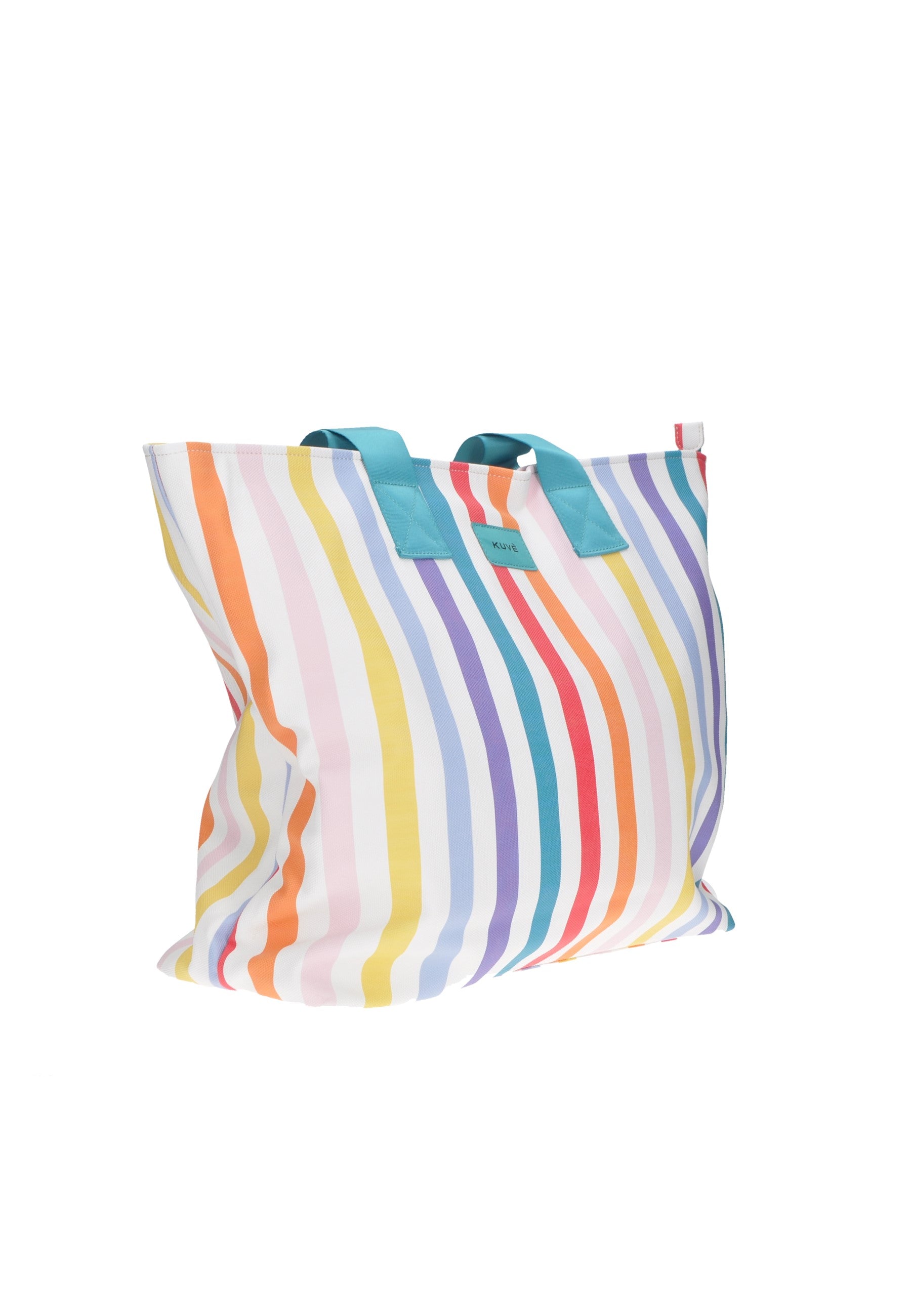 Colorful striped shopping bag with blue handles, perfect for beach outings and stylish shopping.