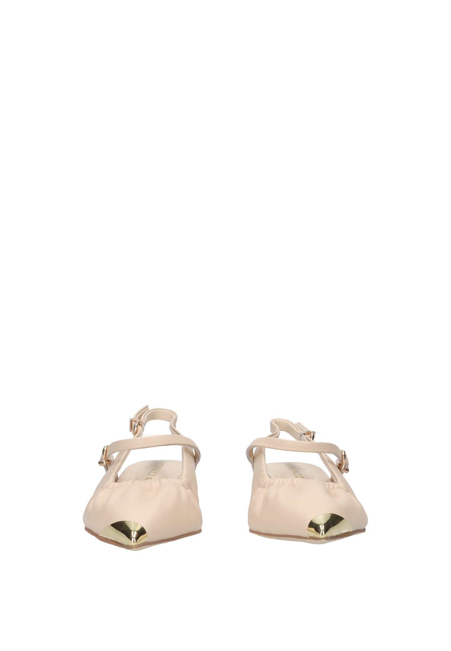 S6PETAL01/LEA Ballerina APEPAZZA beige ballerina shoes with ankle and heel straps and metal accent.