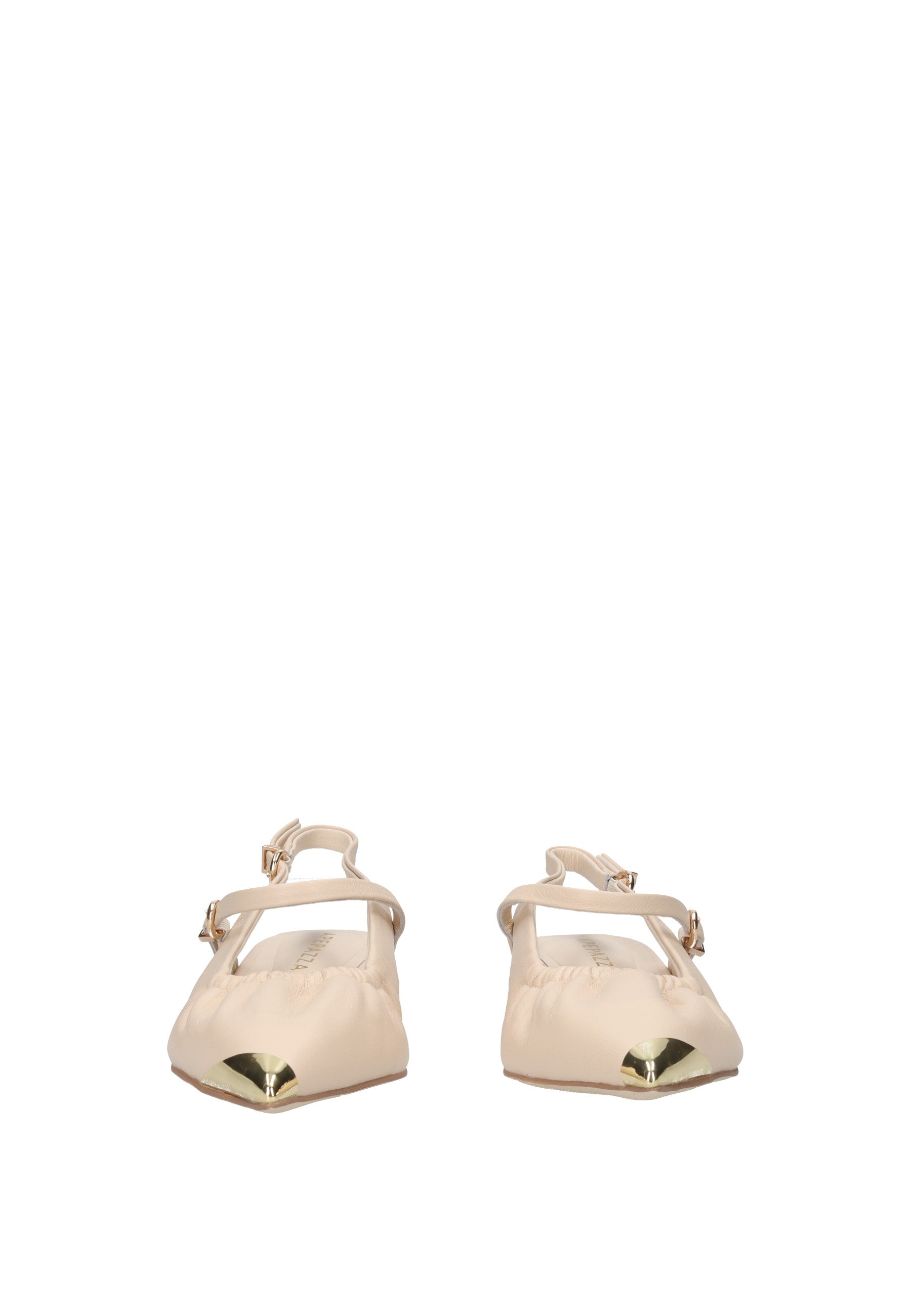 S6PETAL01/LEA Ballerina APEPAZZA beige ballerina shoes with ankle and heel straps and metal accent.