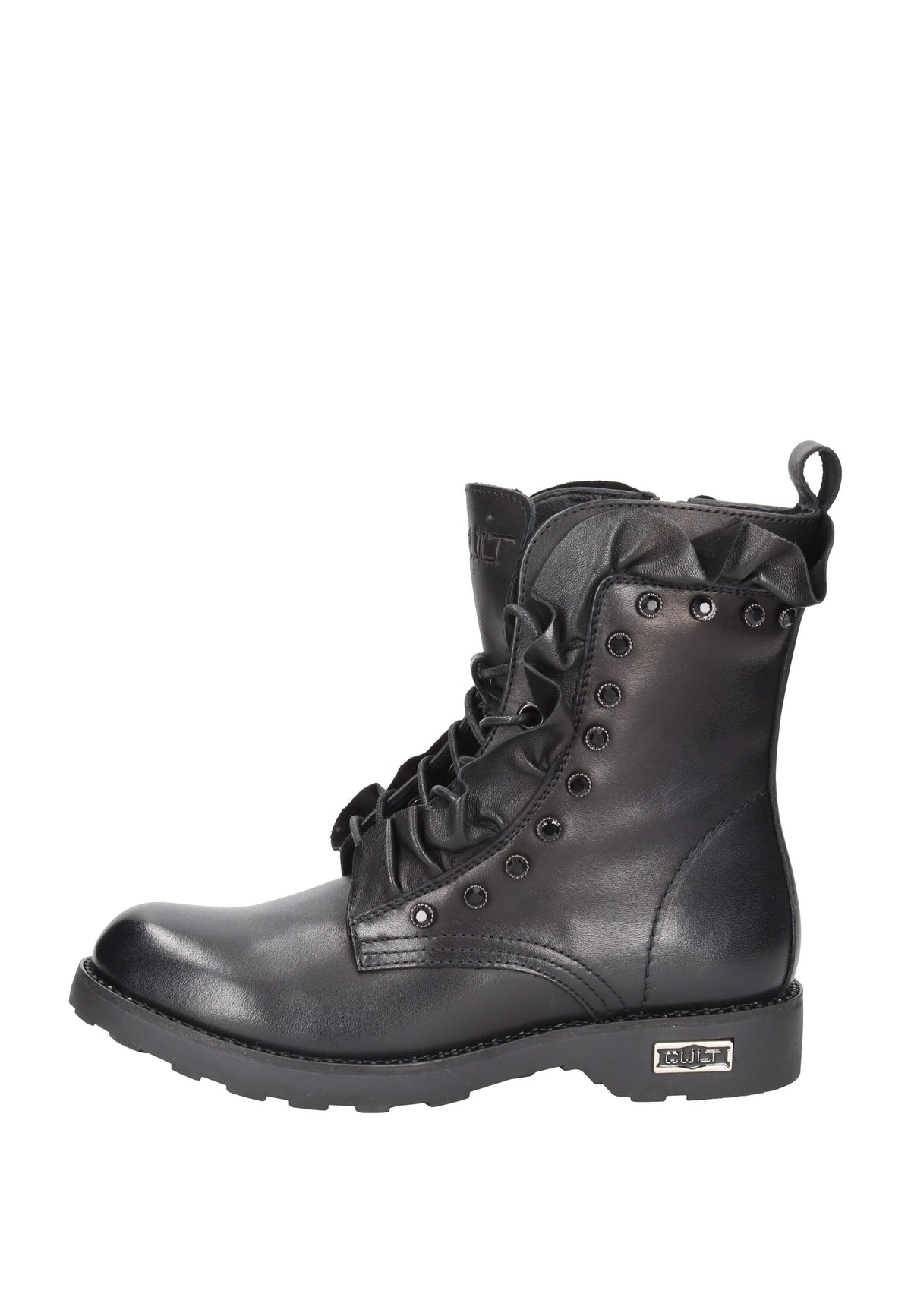 CLW320200 Boot CULT in black leather with lace-up design, side zipper, and embellished details for a stylish look.